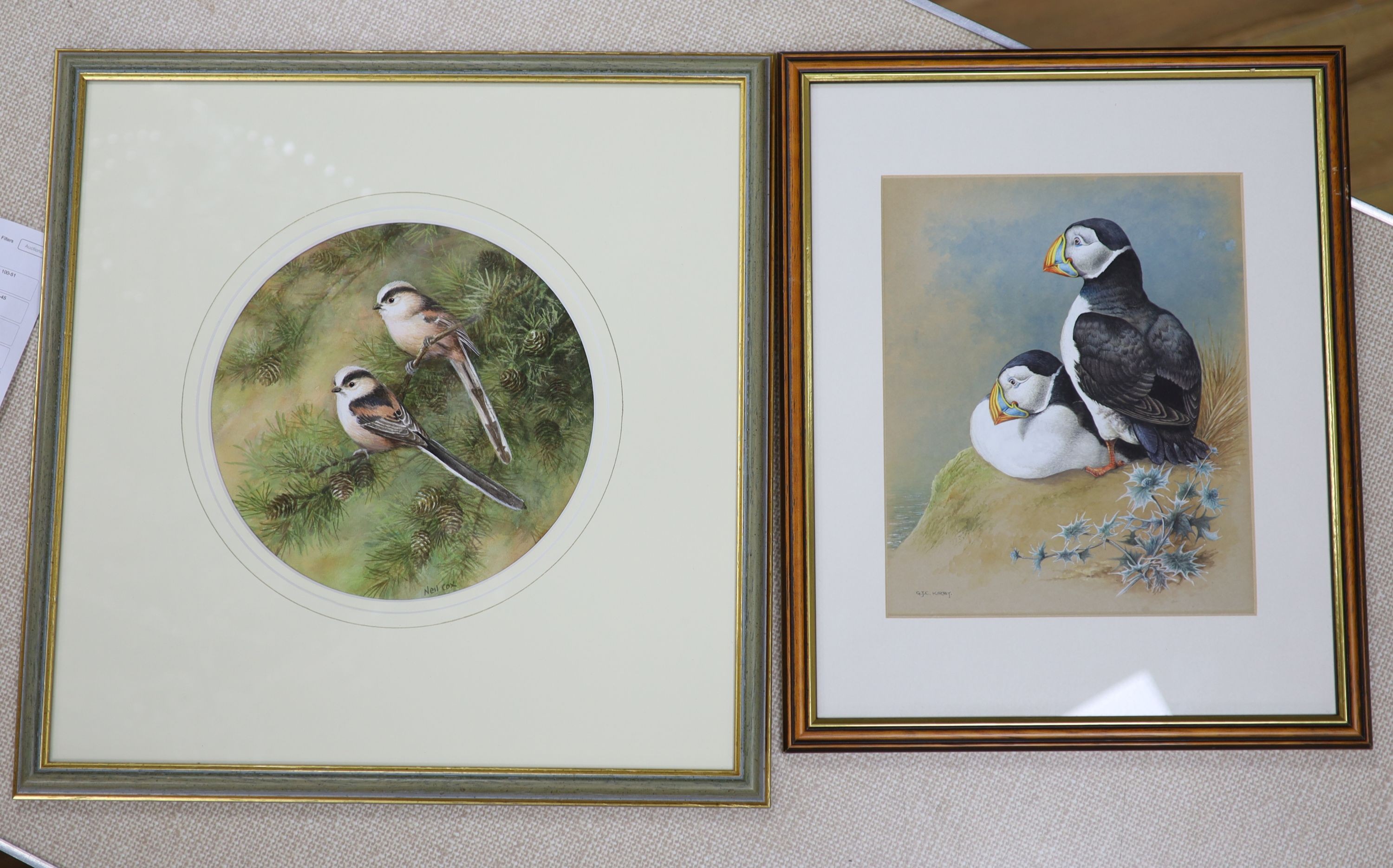 G Kirby (b.1912) gouache, Puffins, signed, 26 x 21cm. And a Neil Cox (1955-), watercolour of long-tailed tits, to do, 22cm.